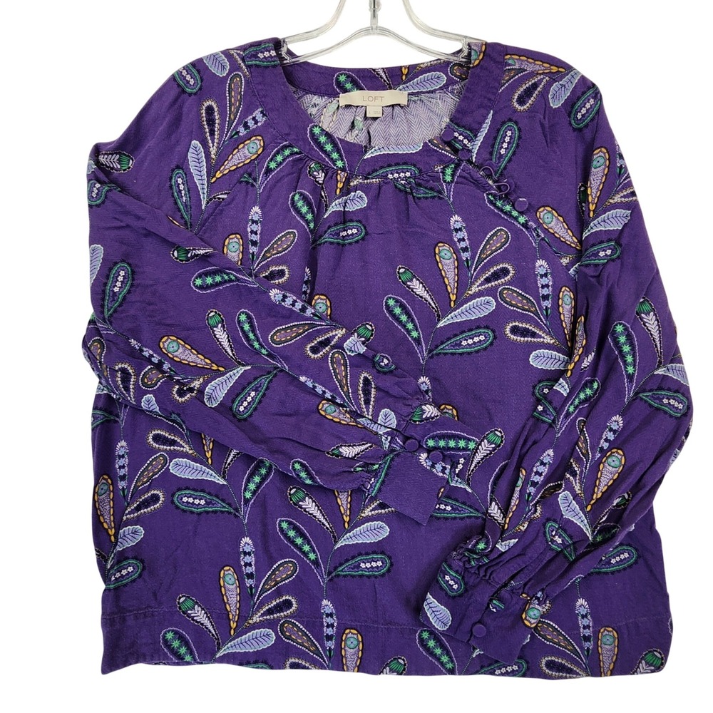 LOFT Large Purple Paisley‎ Blouse Boho Whimsigoth Cottagecore Long Sleeve L READ